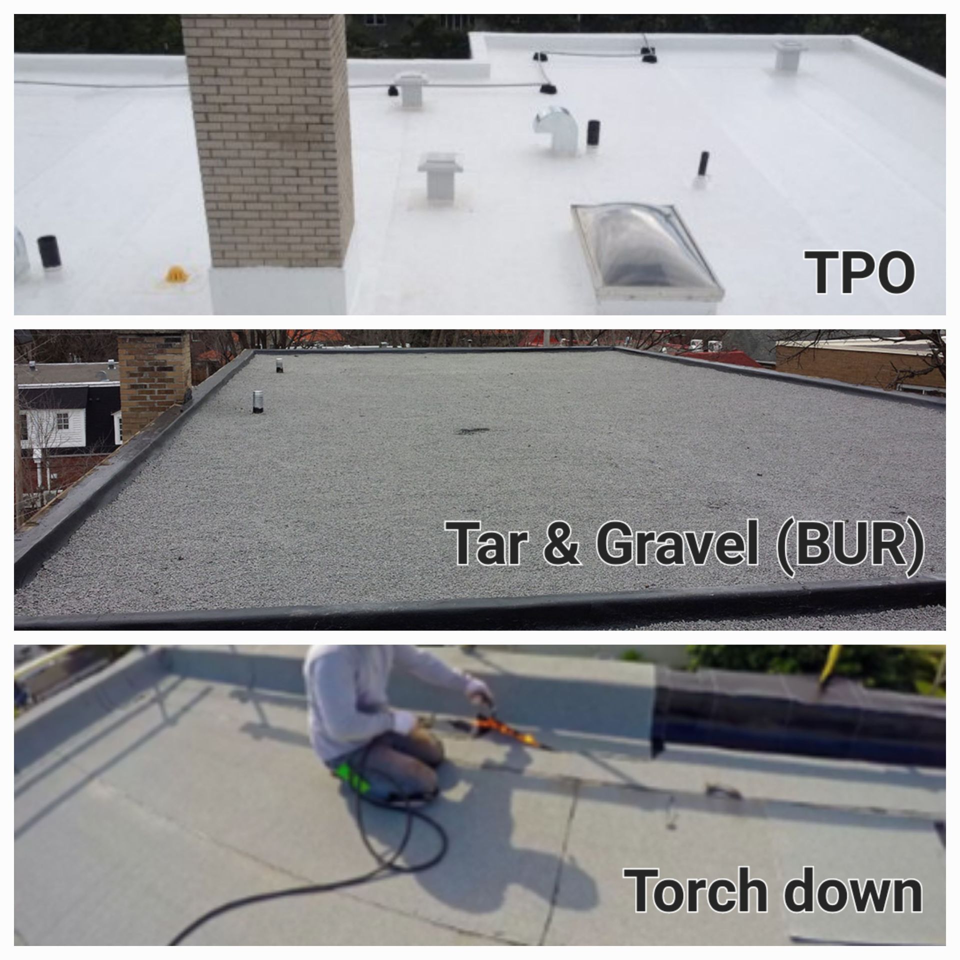 Three side-by-side photos showing flat roof types: white TPO, gray Tar & Gravel, and a worker applying Torch down roofing.