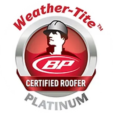 Weather-Tite Platinum BP Certified Roofer logo with red and silver badge and worker icon