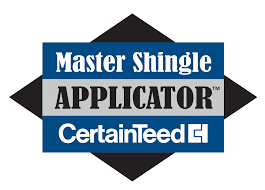 A master shingle applicator certification logo on a white background
