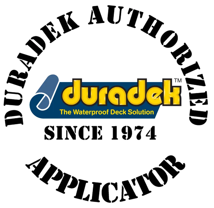 Duradek Authorized Applicator logo with blue and yellow text and “Since 1974” on white background
