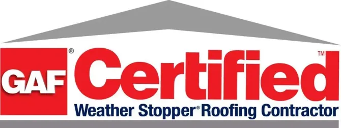 GAF Certified Weather Stopper roofing contractor logo with red and gray text
