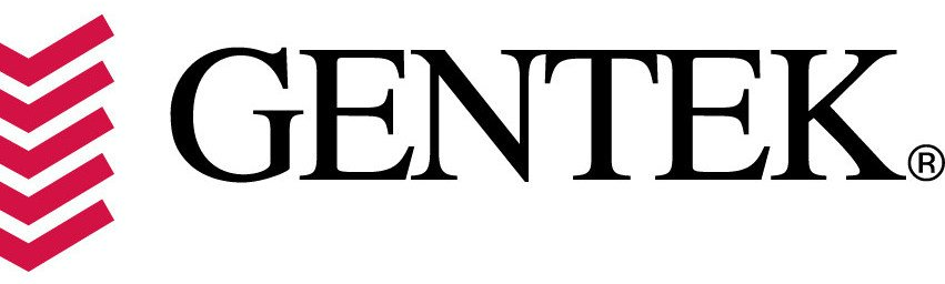 The logo for gentek is black and red with a red arrow.