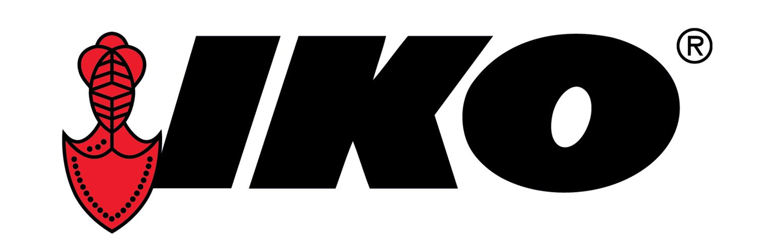 A black and red logo for iko with a red shield on a white background.