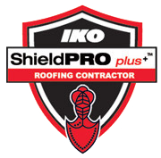 IKO ShieldPRO plus roofing contractor logo with red and black shield and turtle emblem