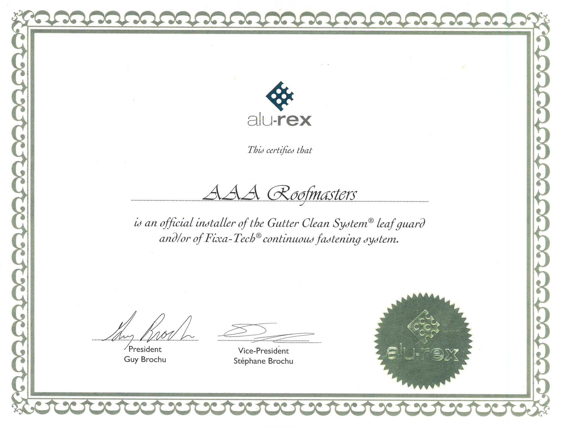 Elegant certificate with decorative border, blue logo, signatures, and green embossed seal on white background