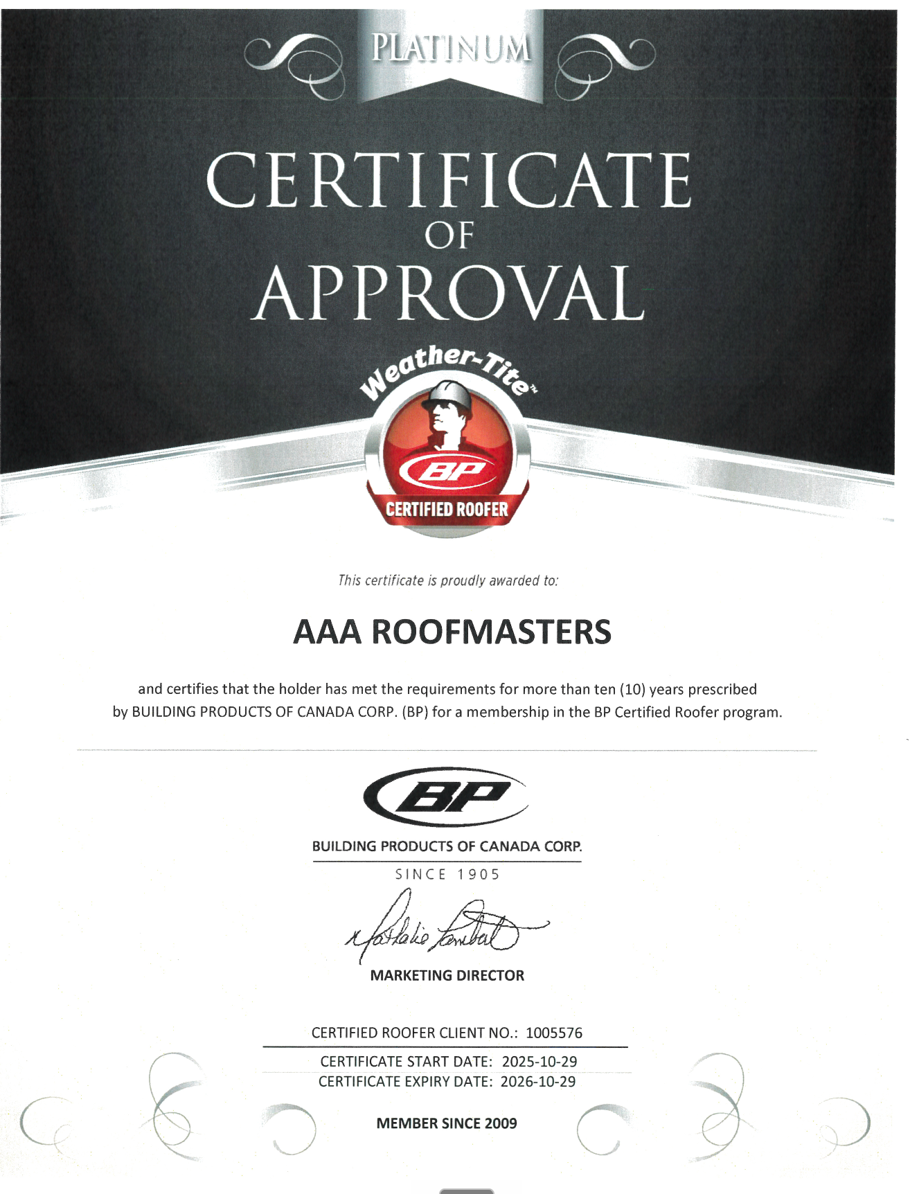 Certificate of Approval for AAA Roofmasters, white and silver with red seal on black background