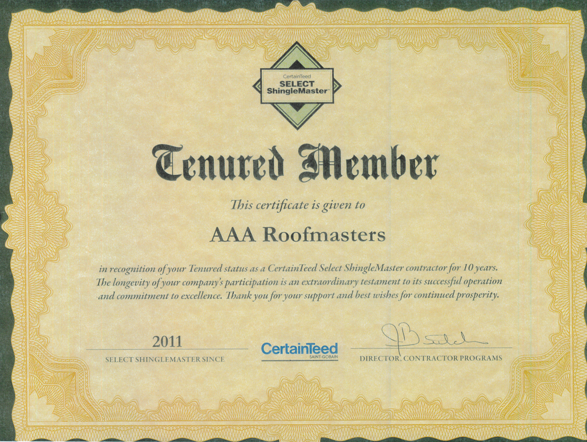 Certificate for AAA Roommasters Tenured Member, with gold border and blue logo.
