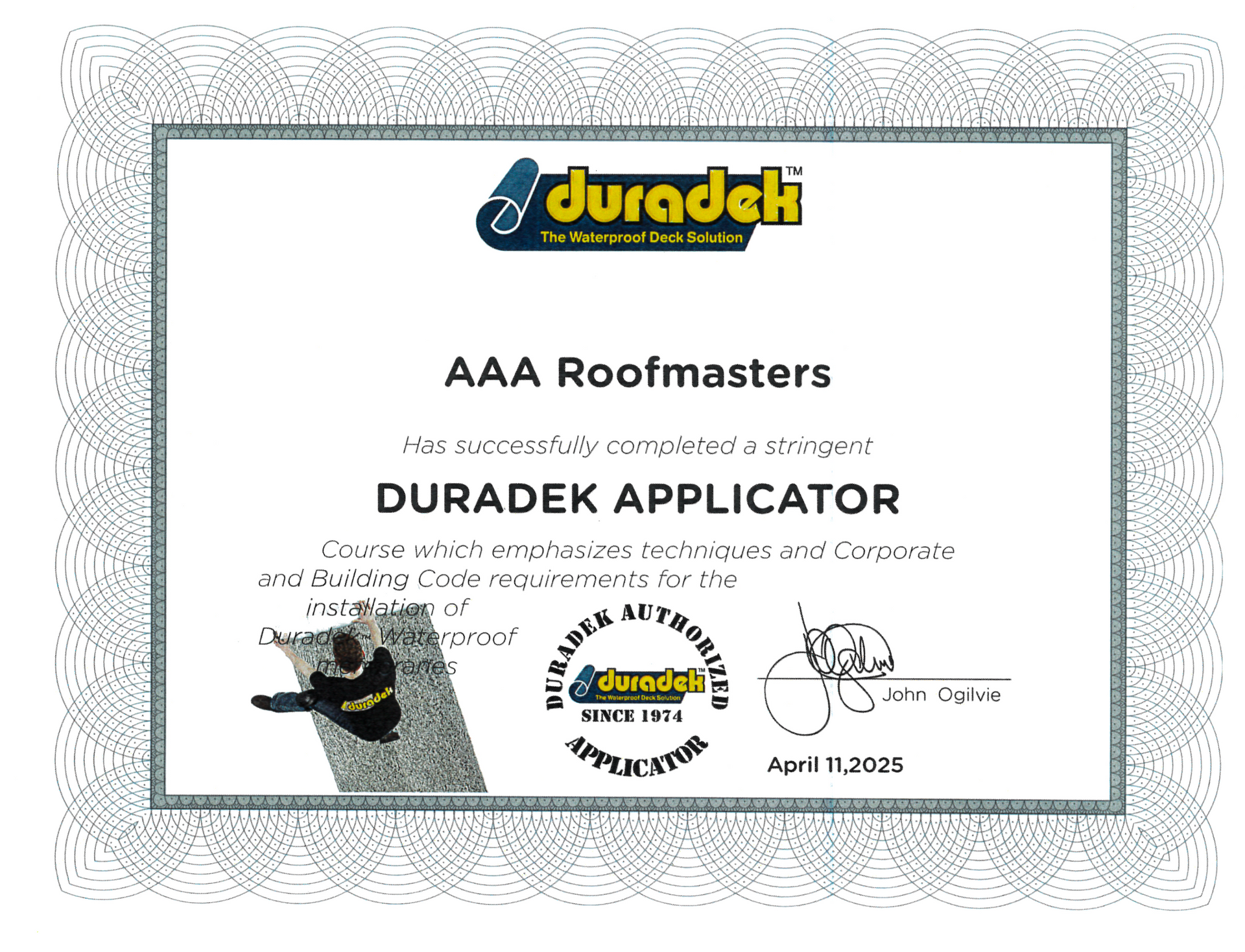 DURADEK applicator certificate for AAA Roofmasters with logo, seal, and signatures on a white background