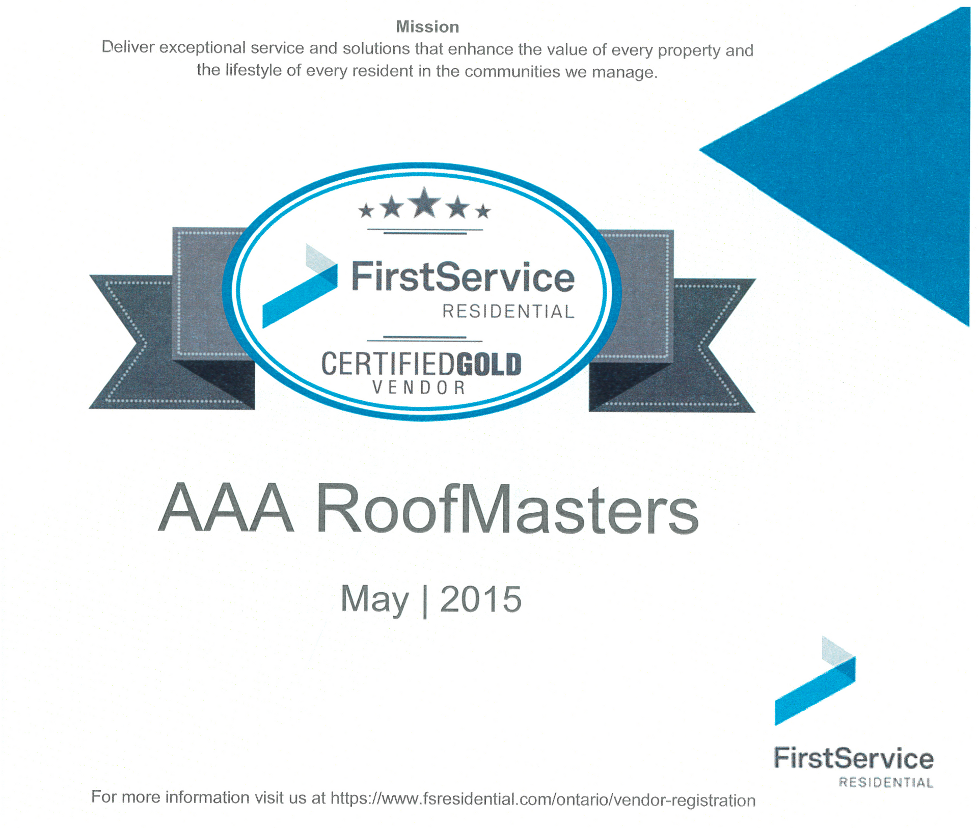 FirstService Residential certified logo above “AAA RoofMasters,” May 2015 badge
