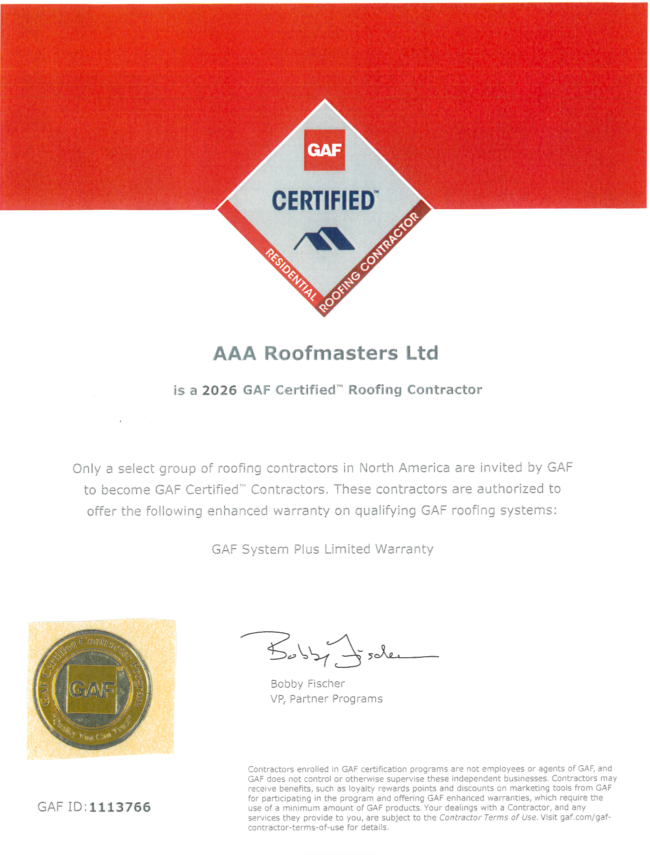 Certified GAF roofing contractor certificate for AAA Roofmasters Ltd on white and red background