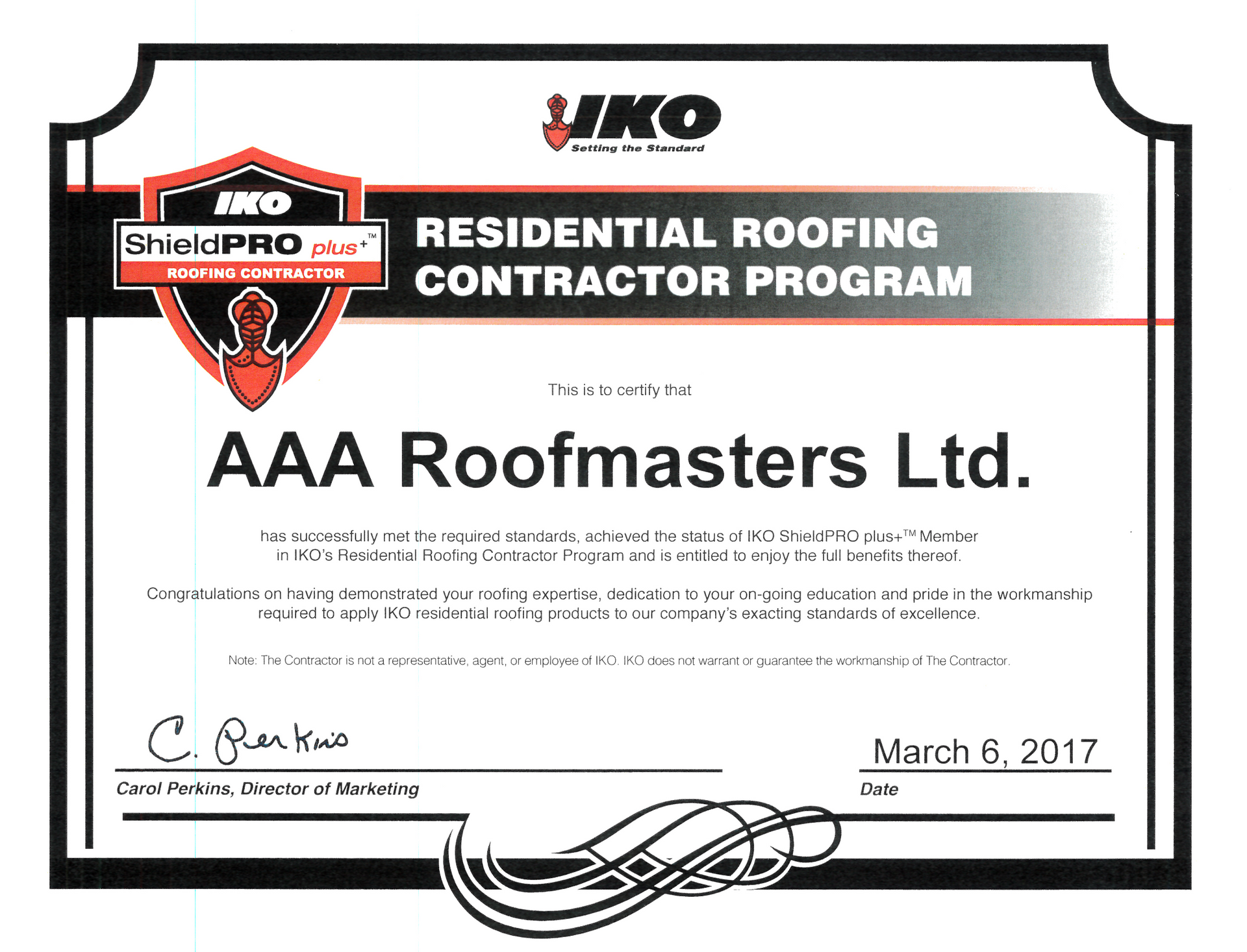 JIKO Residential Roofing Contractor Program certificate for AAA Roofmasters Ltd. with signatures and date