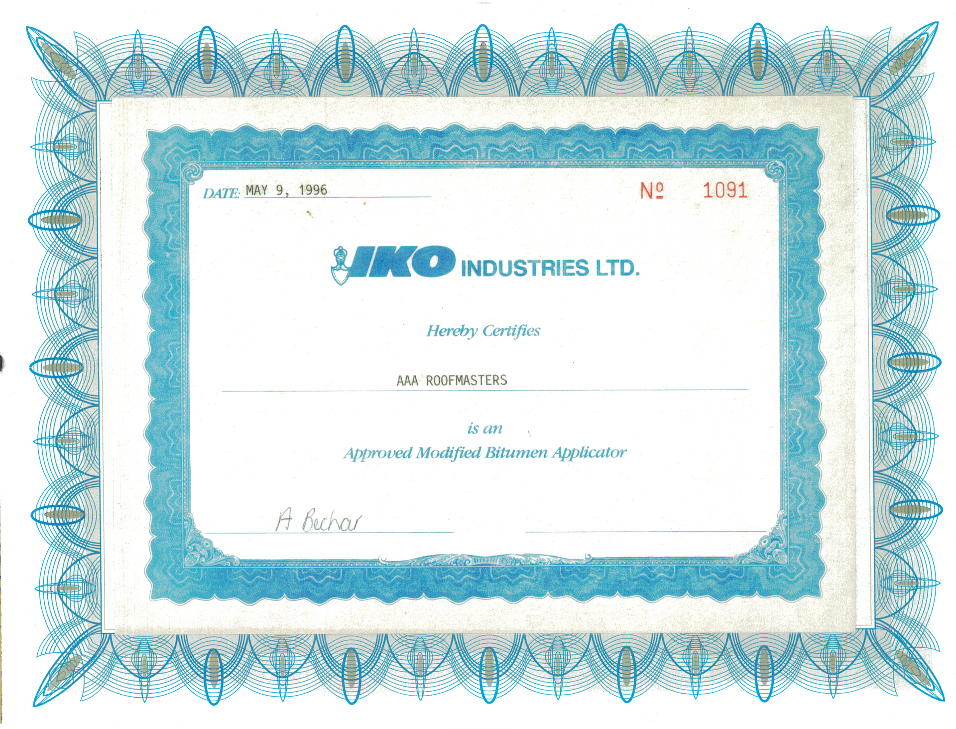 Blue ornate stock certificate for IKO Industries Ltd. with printed text and decorative border