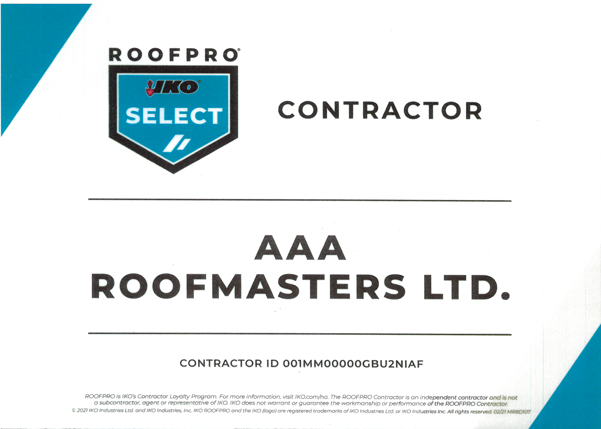 RoofPro Select contractor card for AAA Roofmasters Ltd. with teal accents