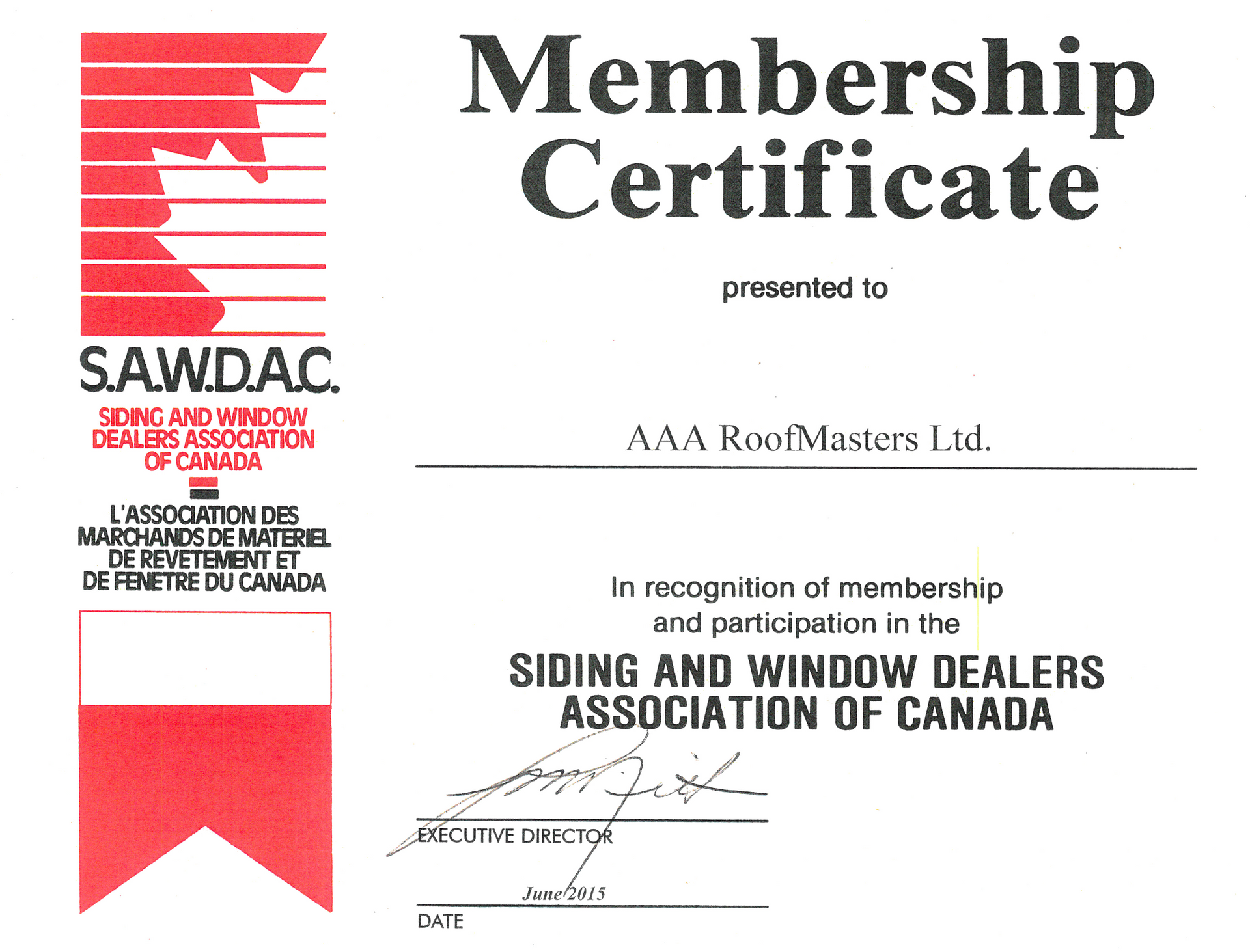 Membership certificate for S.A.W.D.A.C., recognizing membership in the Siding and Window Dealers Association of Canada.