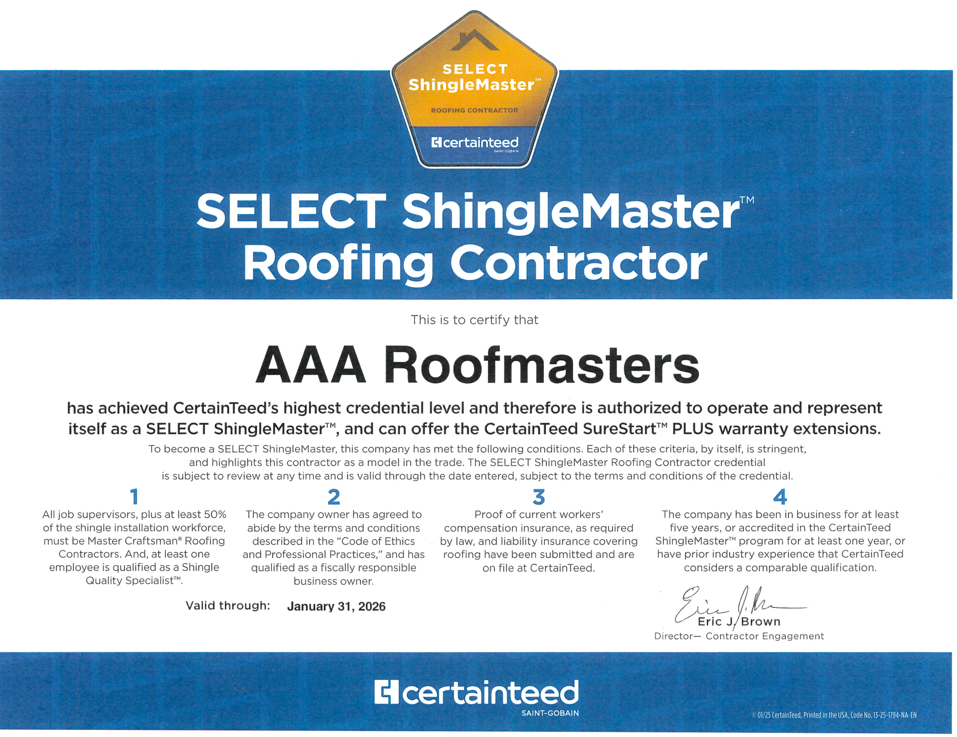 Blue certificate for SELECT ShingleMaster Roofing Contractor from CertainTeed with an AAA Rooftasters title.