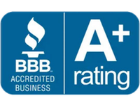 BBB Accredited Business A+ rating logo on a blue background