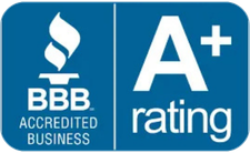 BBB Accredited Business A+ rating logo in blue and white