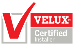A velux certified installer logo with a red check mark