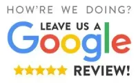 “How’re we doing? Leave us a Google review” with five yellow stars and Google logo on white background