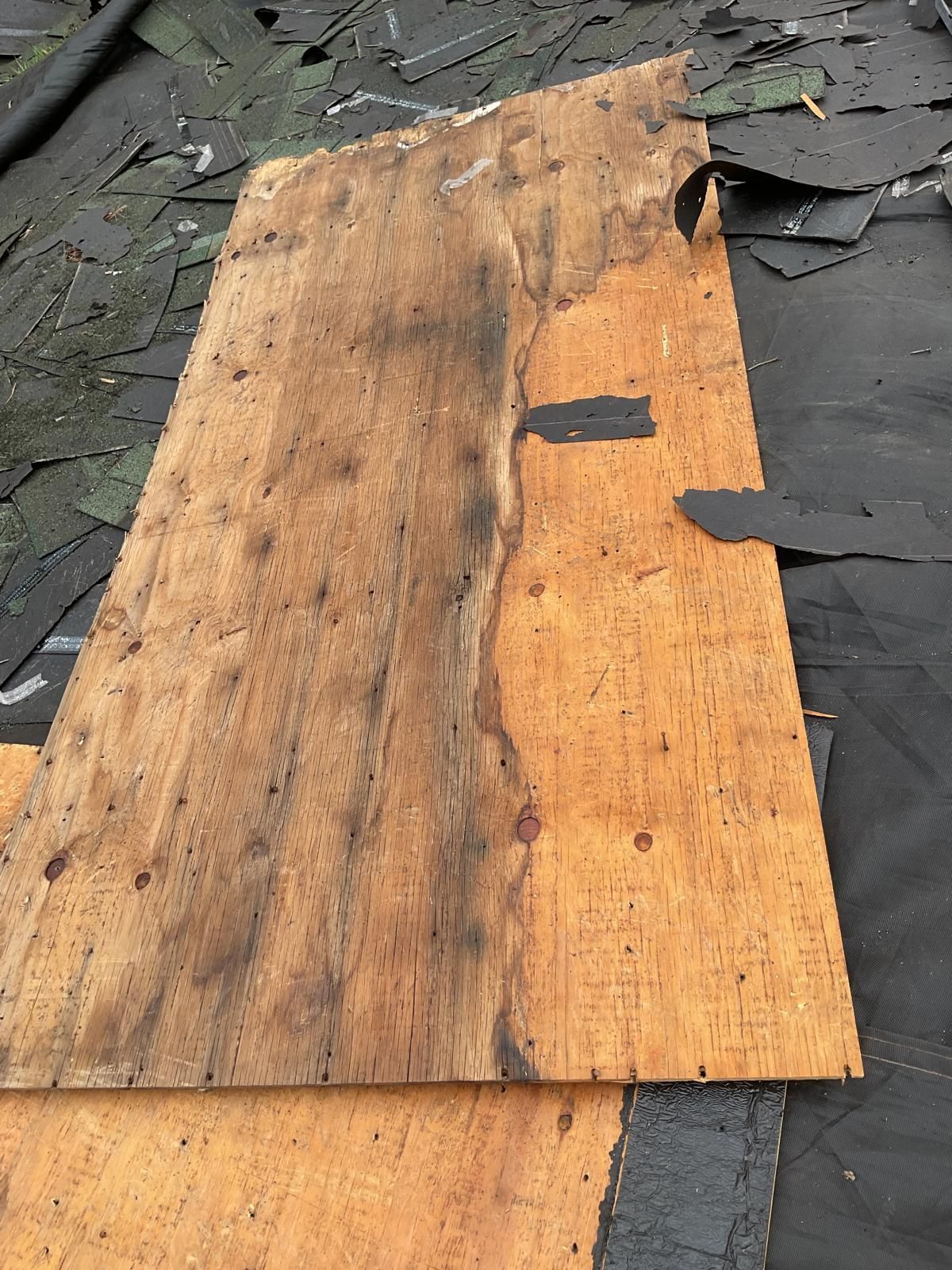 A piece of water-damaged, stained plywood roofing material resting on a black underlayment during a roof repair project.