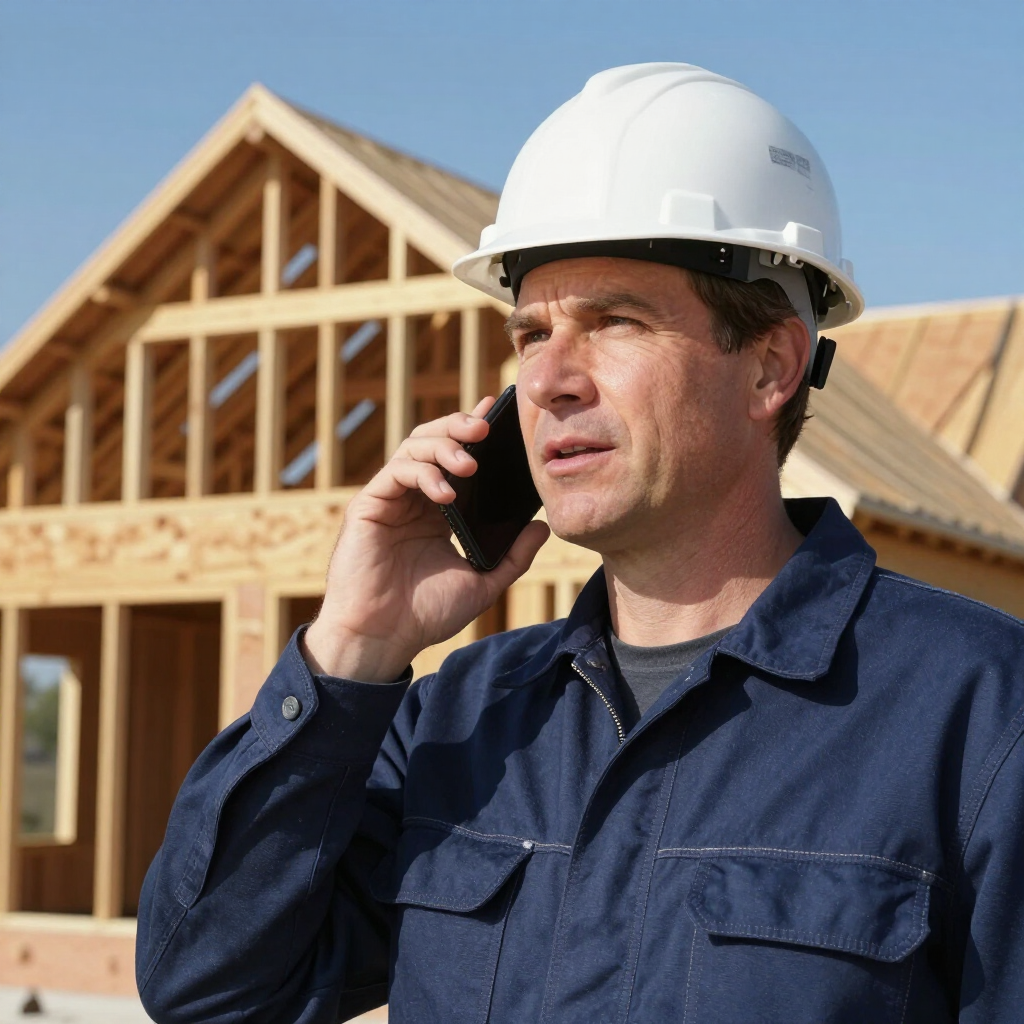 A professional in a white hard hat and blue work shirt speaks on a phone in front of a wooden house frame under construction.