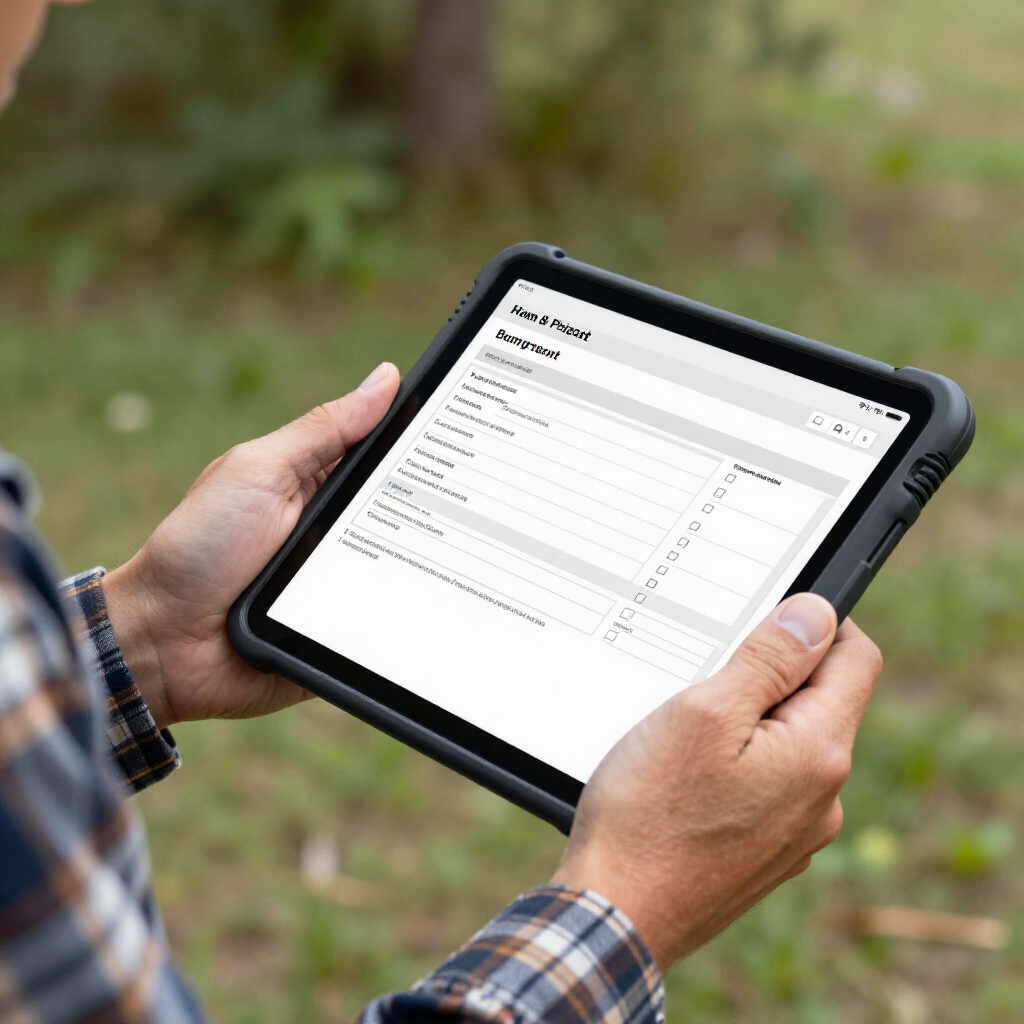 Hands holding a tablet displaying a business-related task list outdoors, with a blurred natural background.