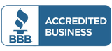 BBB Accredited Business logo, blue and white with flame icon and text.