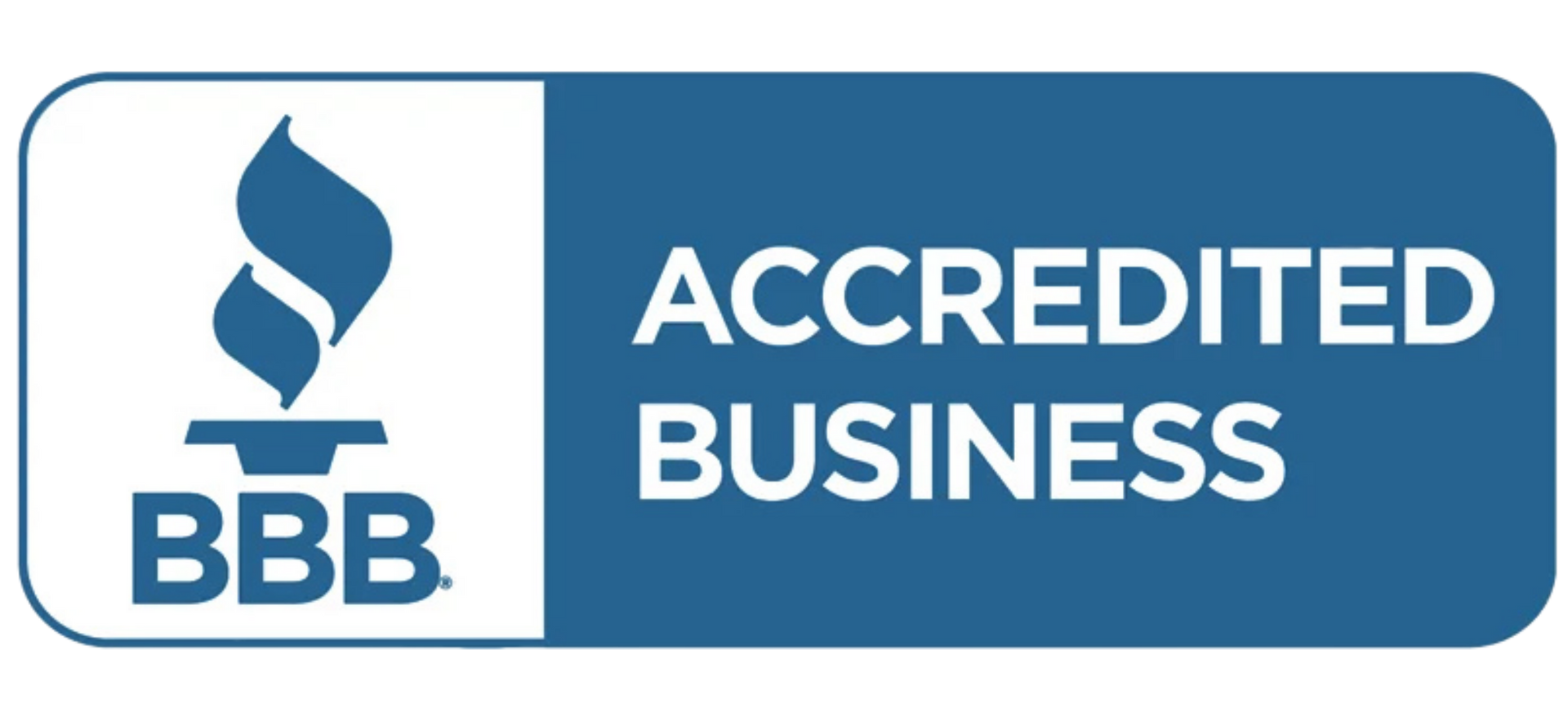 BBB Accredited Business logo, blue and white with flame icon and text.