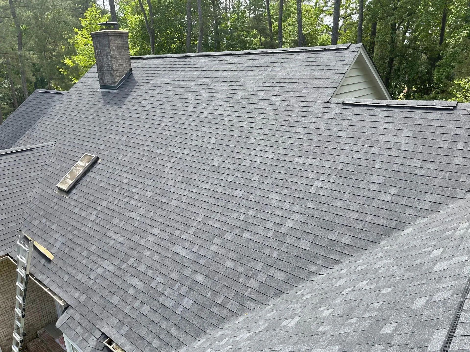 Dark gray shingle roof with a chimney and surrounding trees. Some shingles are missing or damaged.