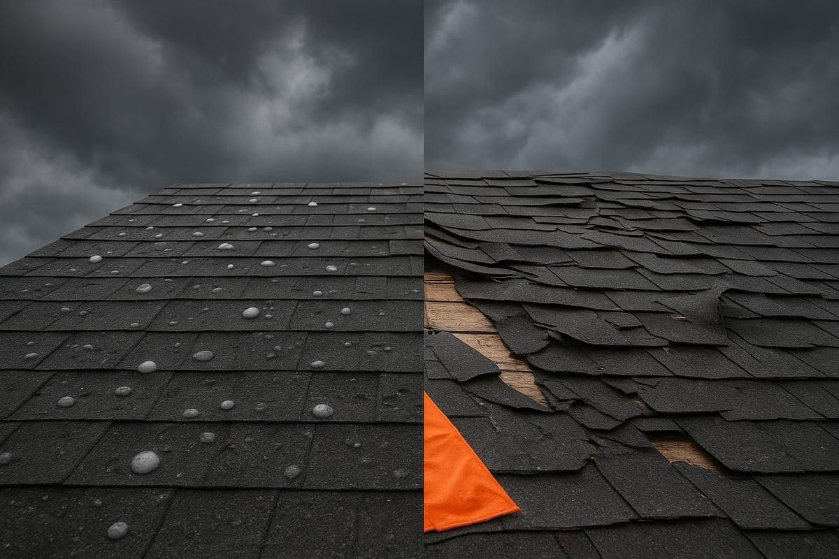 Damaged shingled roof with exposed underlayment under dark storm clouds