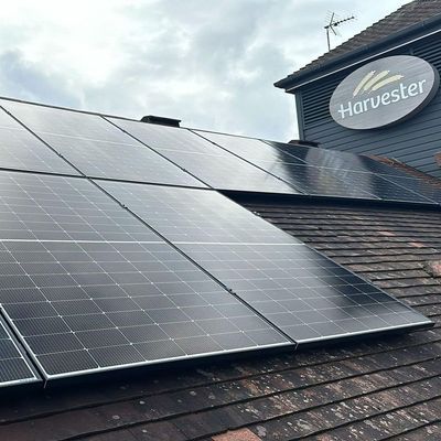 Solar panels installed by MB Solar on the roof of a Harvester restaurant.