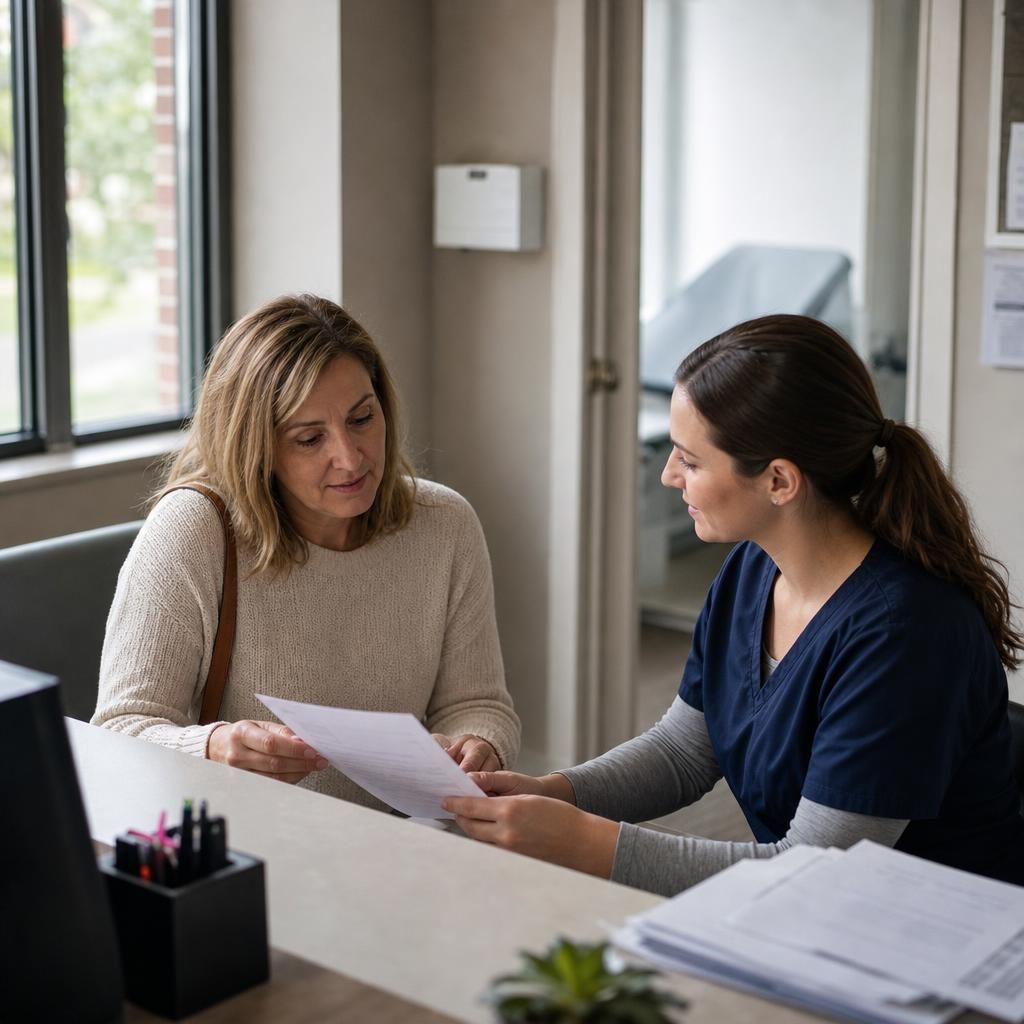 Patient reviewing a private endoscopy quote with receptionist