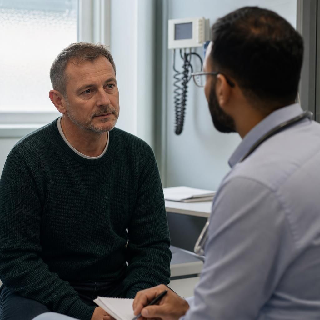 Patient speaking with GP in NHS consulting room