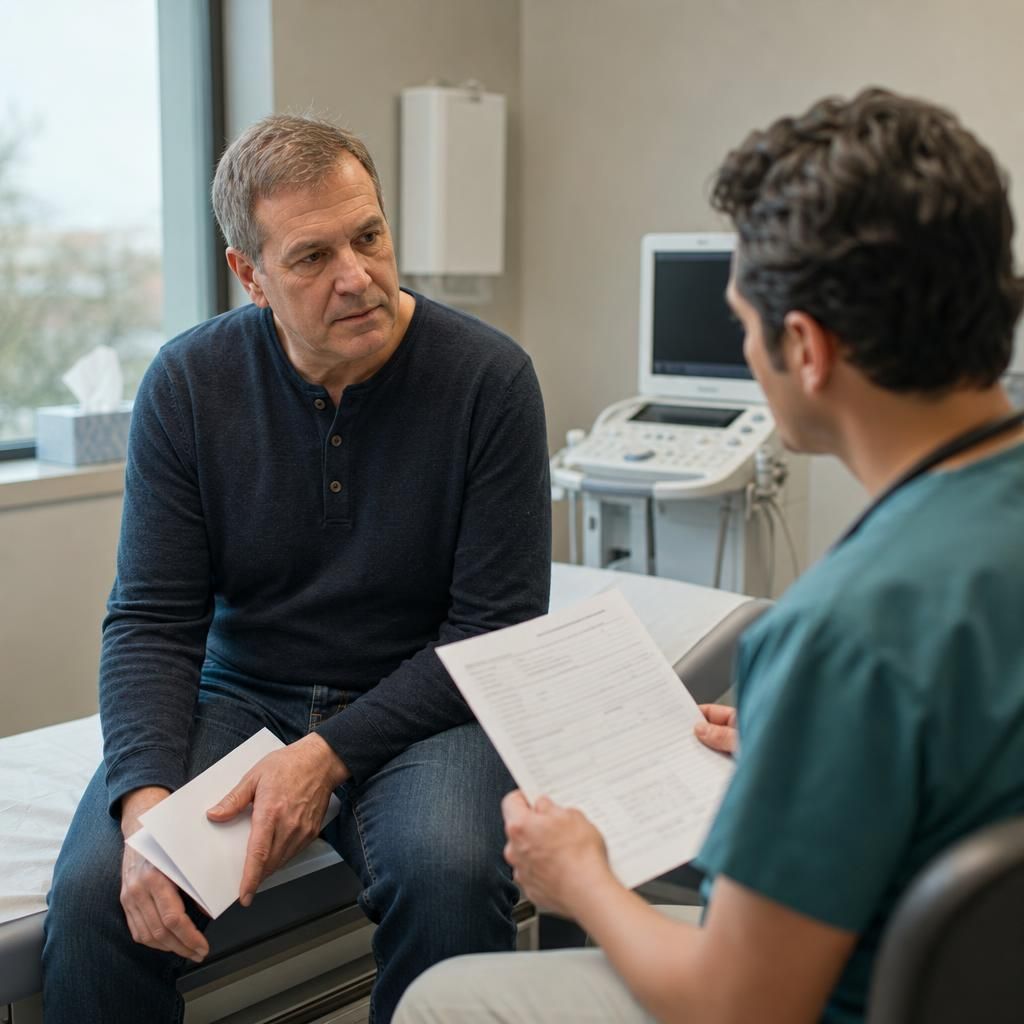 Patient in clinic discussing colonoscopy referral with doctor