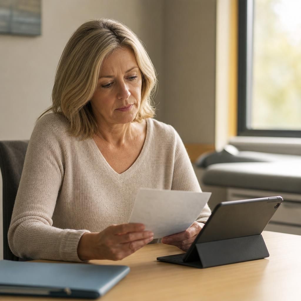 Woman reviewing private colon cancer screening paperwork