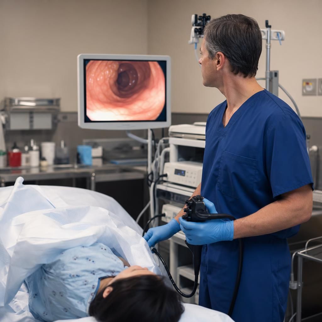 Doctor reviewing colonoscopy monitor in procedure room