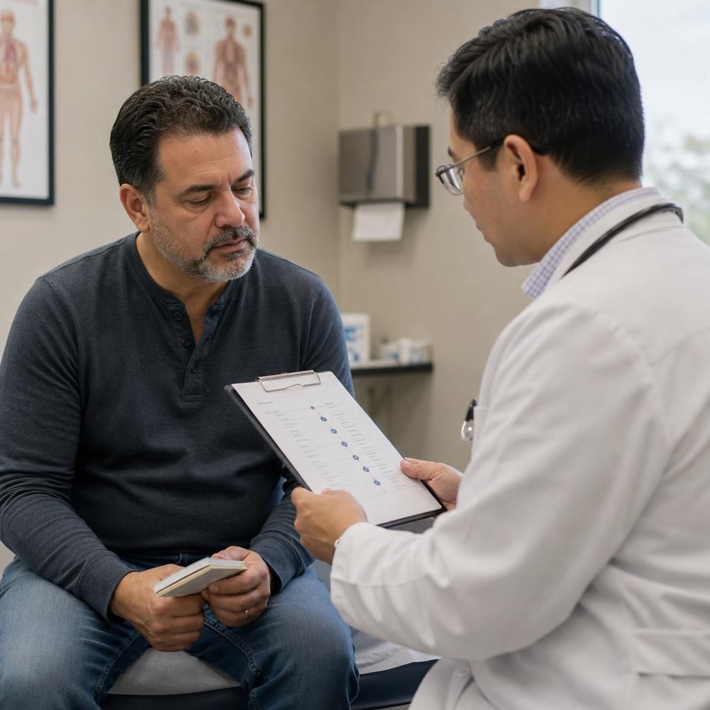 Patient discussing symptoms with a family doctor