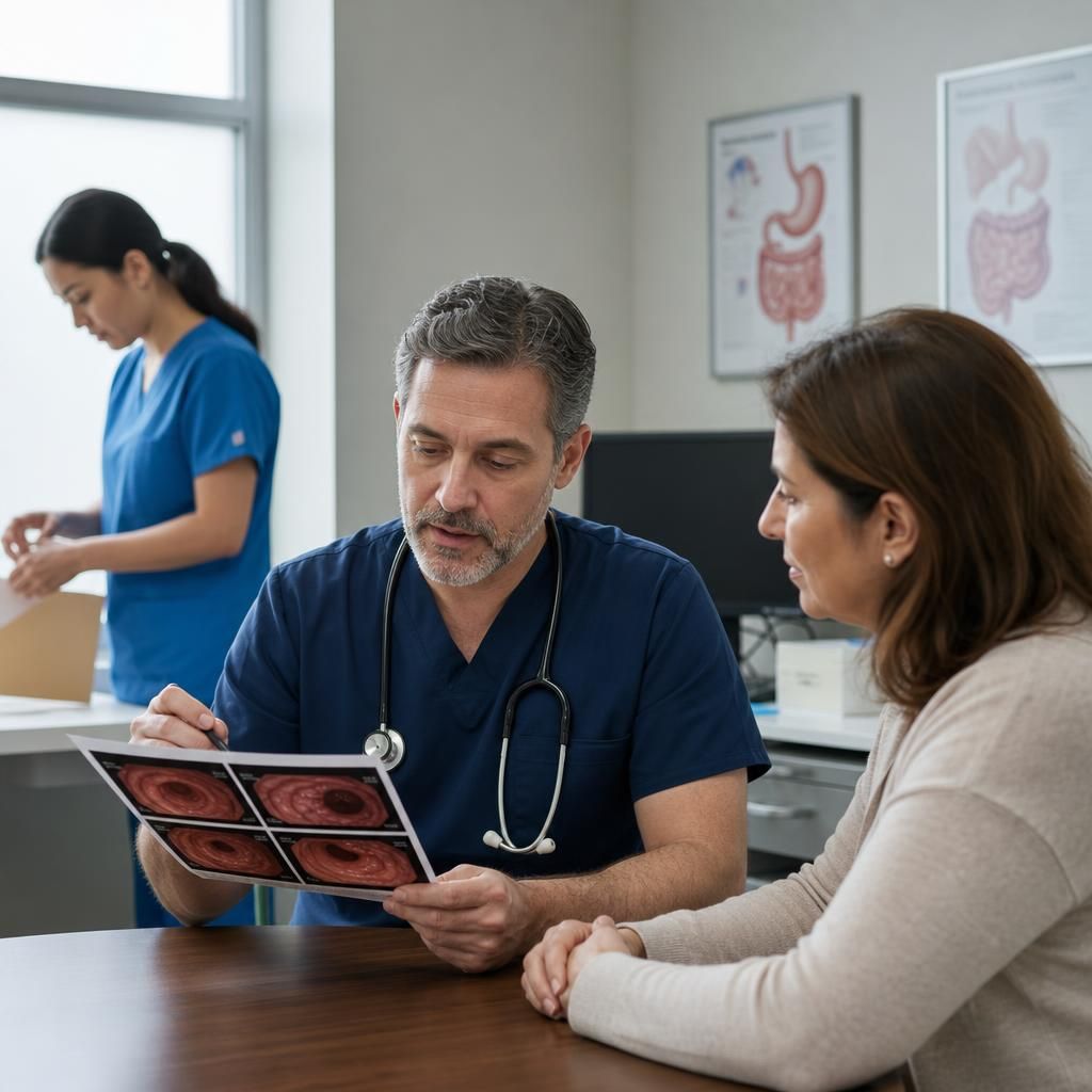 Doctor reviewing endoscopy results with patient in clinic room