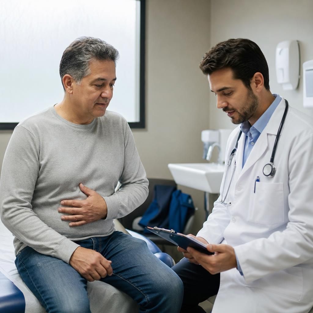 Patient with stomach pain in gastroenterology clinic consultation room