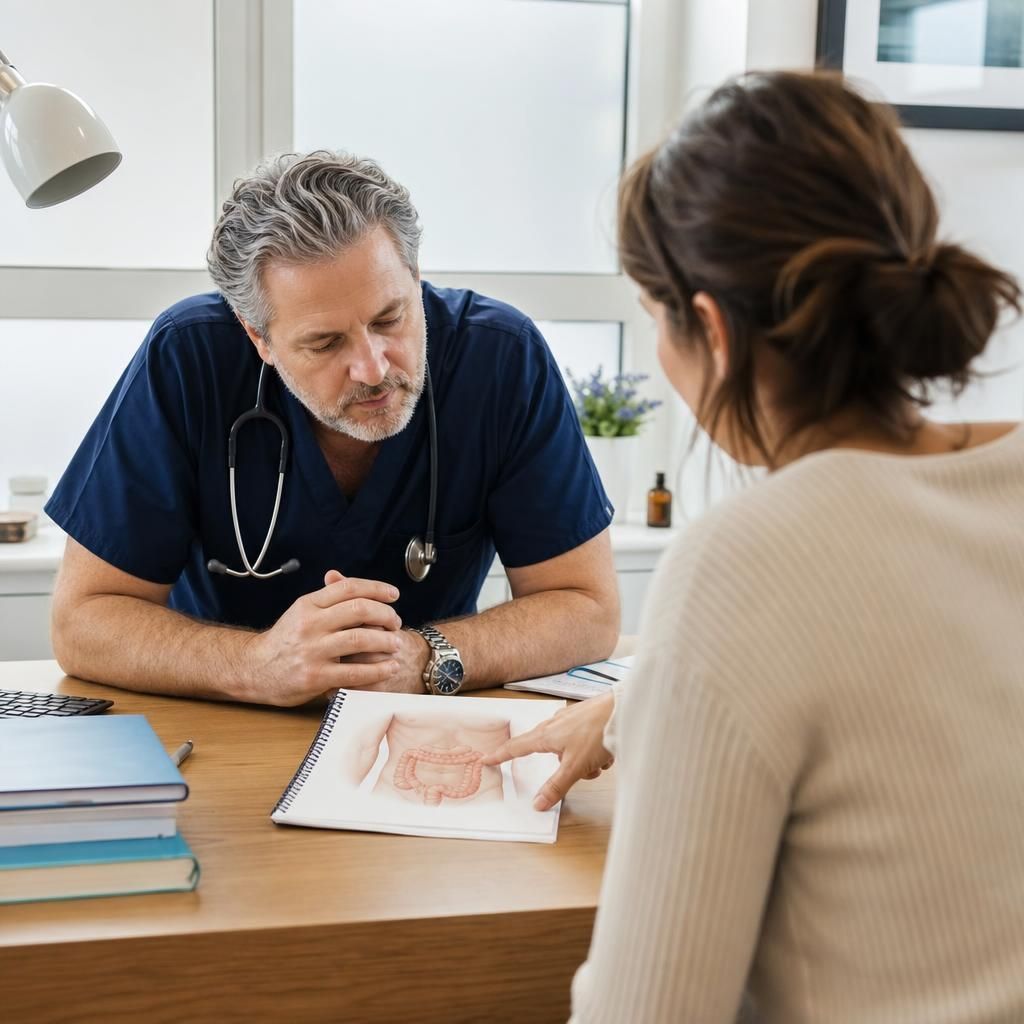 Doctor discussing digestive symptoms with patient in London clinic