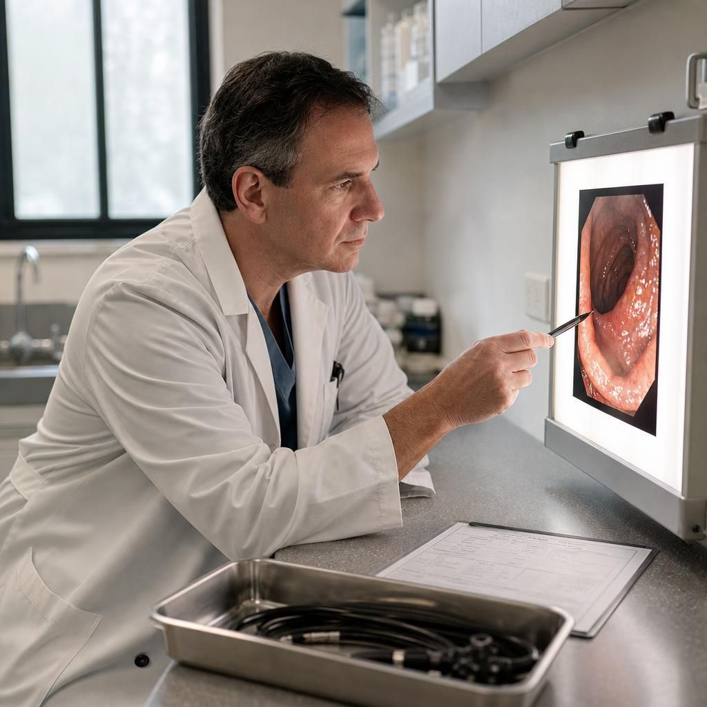 Doctor reviewing gastroscopy images in clinic office
