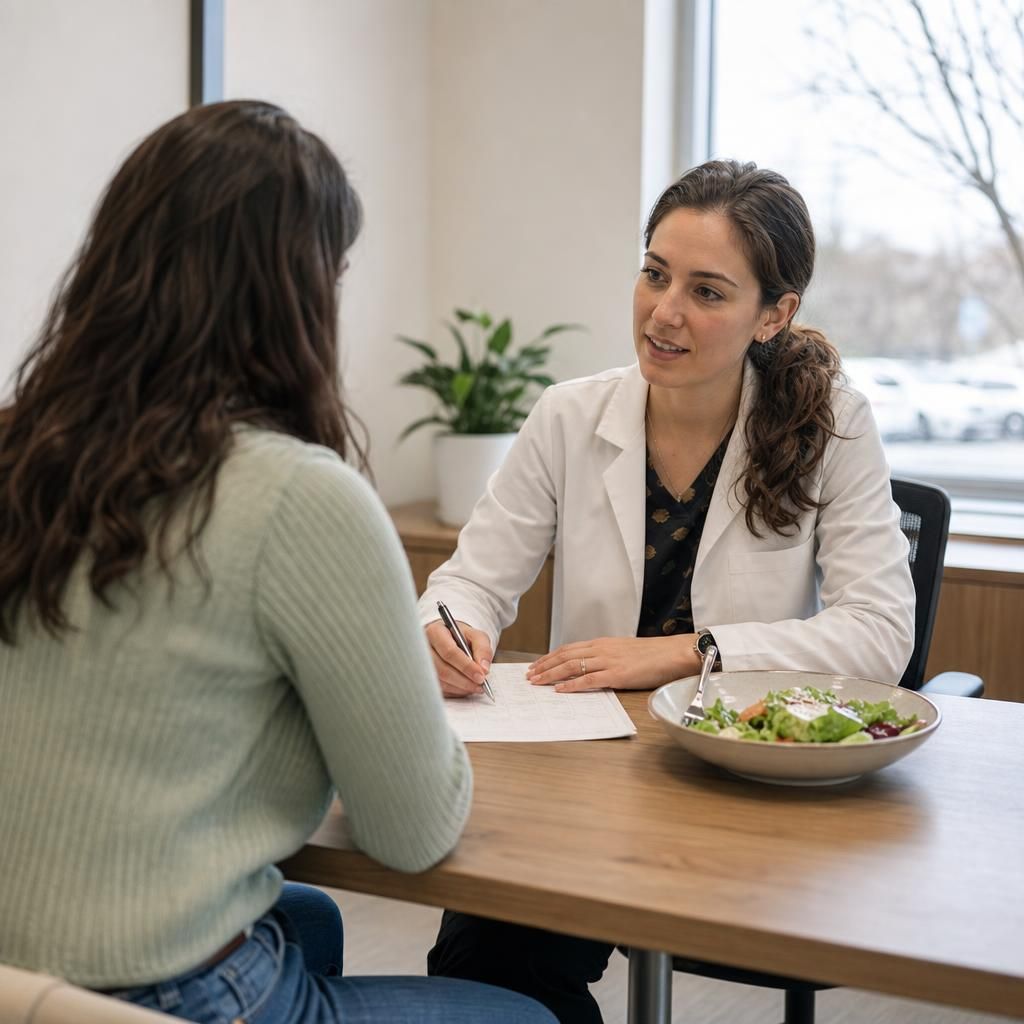 Patient and nutritionist discussing meal portions in clinic