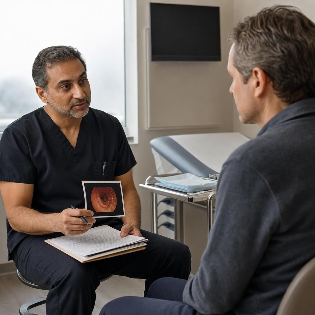 Doctor reviewing endoscopy results with patient in clinic