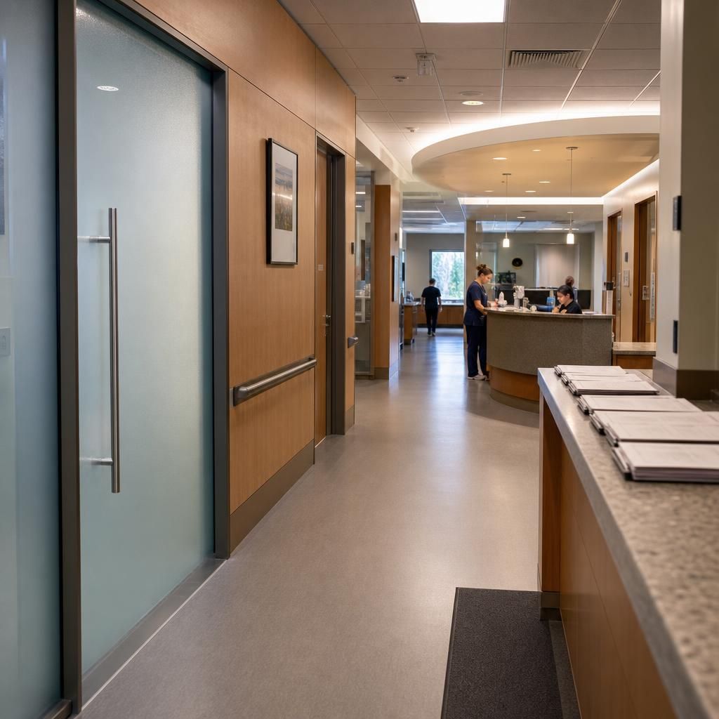 Private endoscopy clinic hallway with check-in counter and door