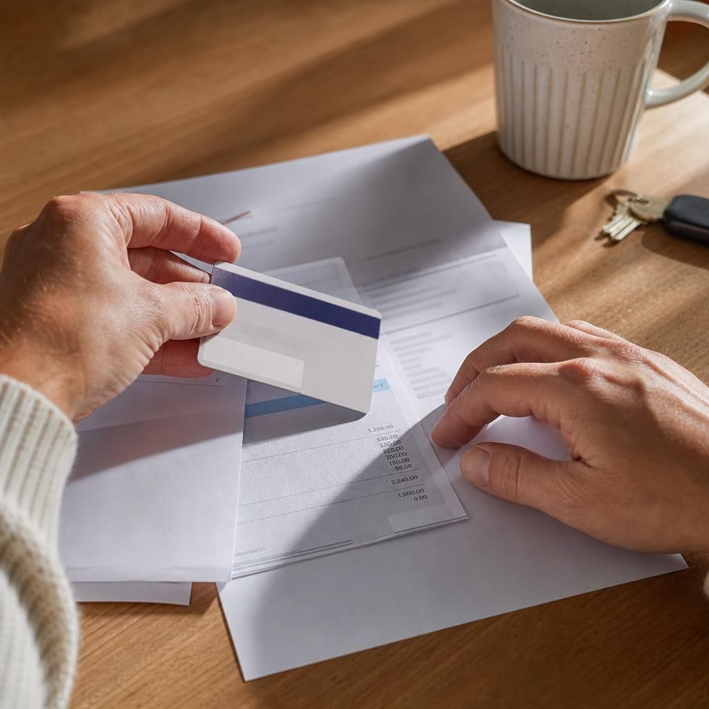 Hands sorting insurance card and appointment paperwork