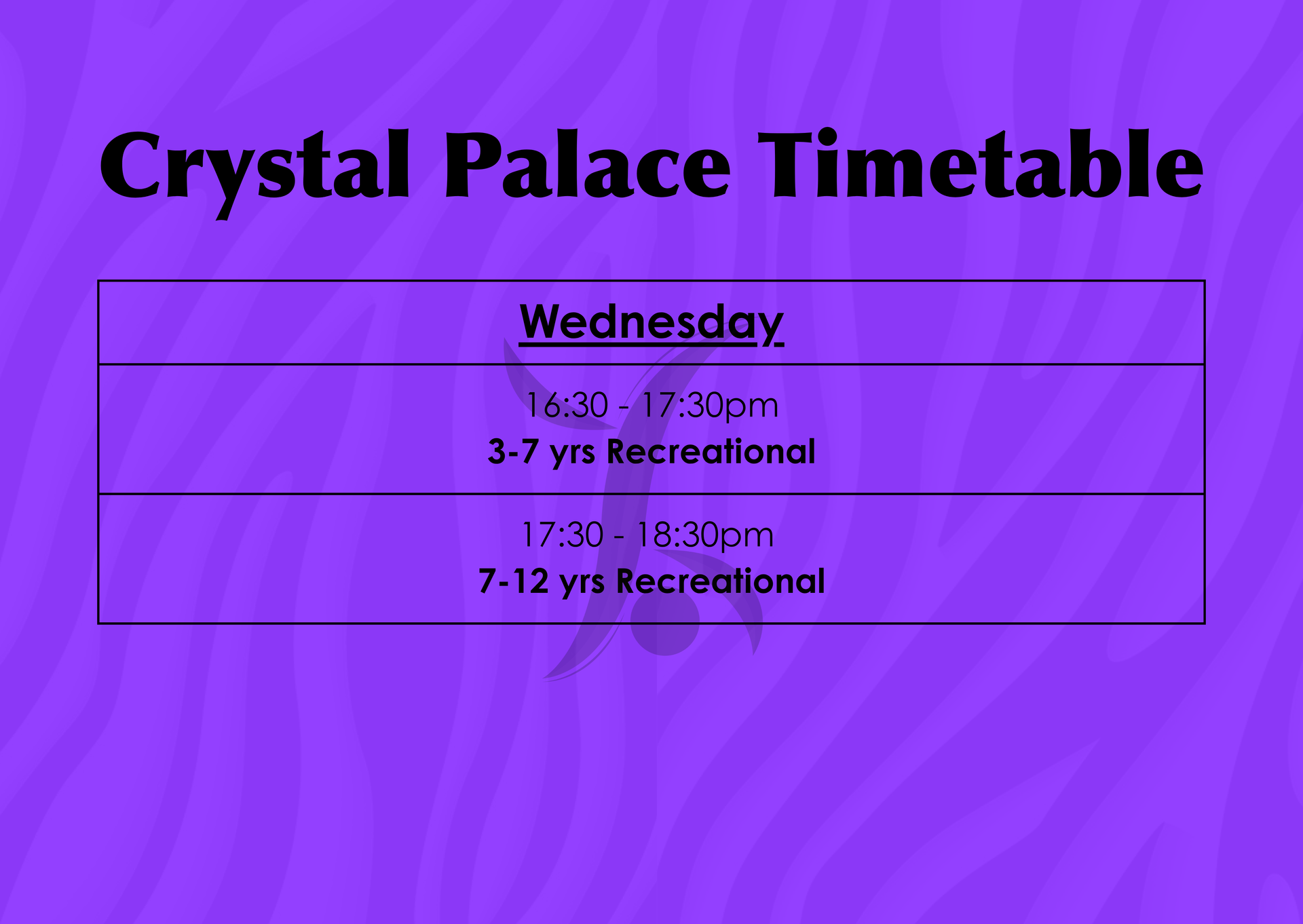 Crystal Palace Timetable for Wednesdays with times and age groups for recreational activities.