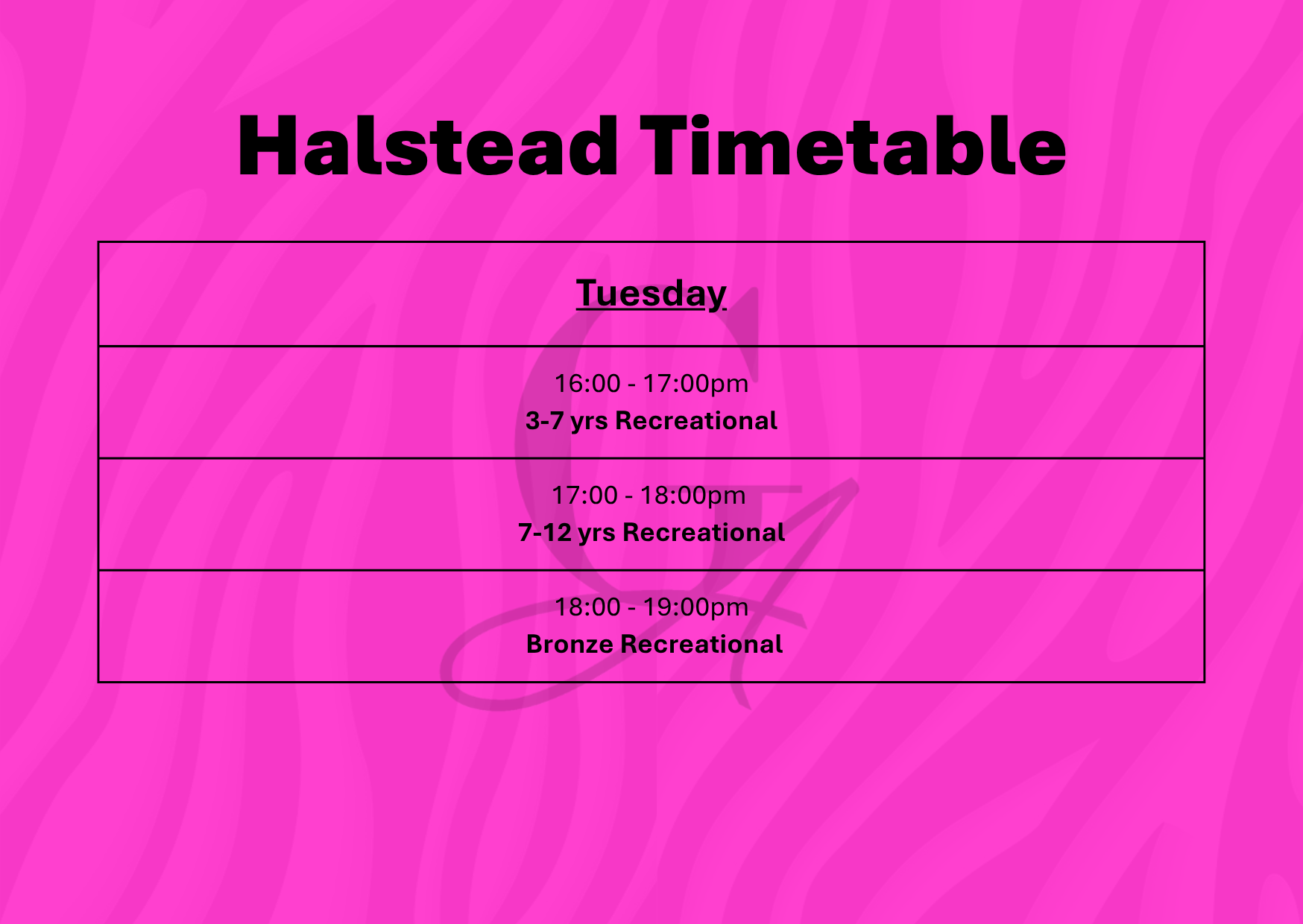 Halstead Timetable for Tuesday: Recreational classes for ages 3-7, 7-13, and Bronze. Pink background.