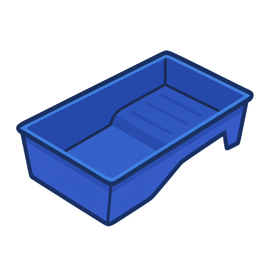 Blue paint tray with a textured surface for rolling paint.