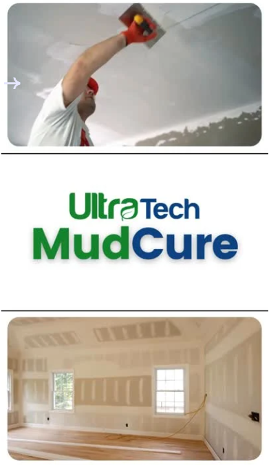 Man applying drywall mud to ceiling. UltraTech MudCure logo. Interior shot of a room with drywall.