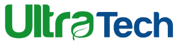 Logo for UltraTech, green text with a leaf, and blue text.